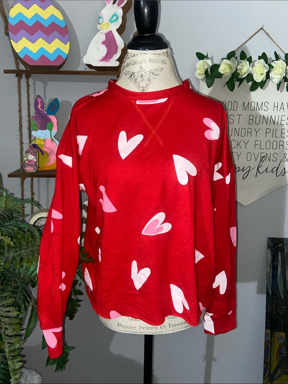 Grayson Threads LARGE Red Heart-Print Pullover Lightweight Sweatshirt Top